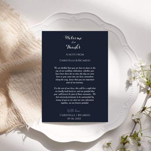 Navy blue  Welcome  thank you Wedding note 