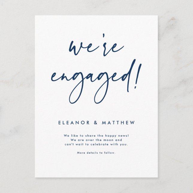 Navy Blue We're Engaged Hand Lettering Engagement Announcement Postcard (Front)