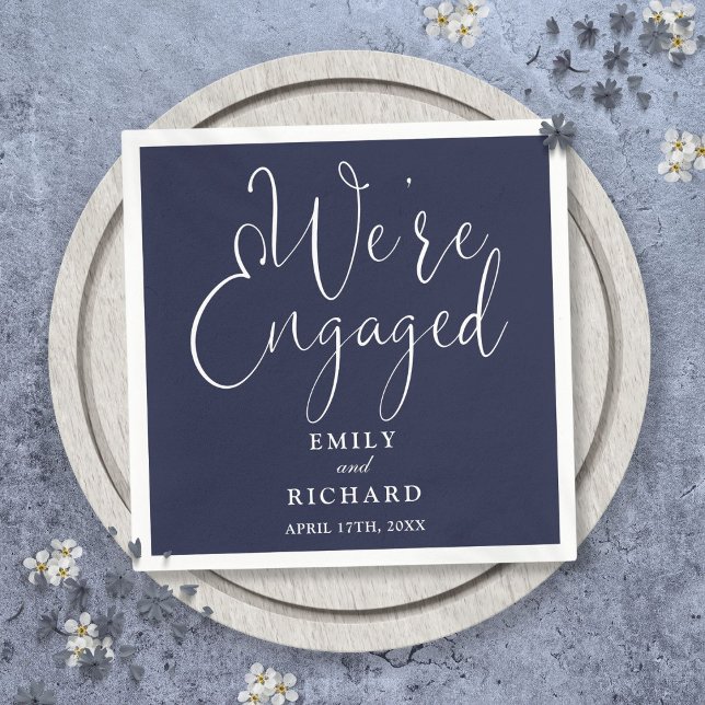 Navy Blue We're Engaged Script Engagement Party  Napkins (Navy Blue We're Engaged Script Engagement Party Napkins)