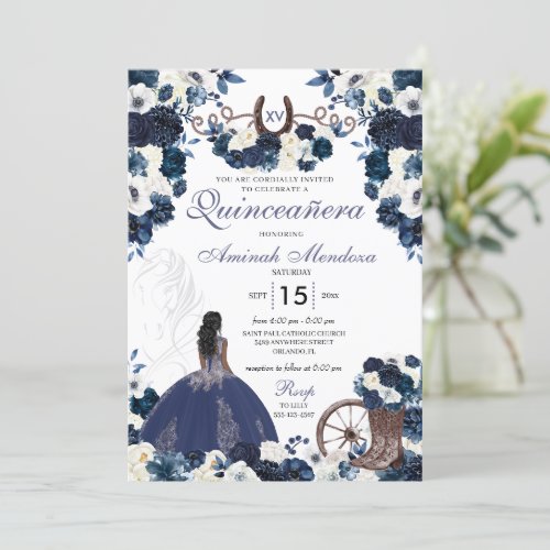 Navy Blue Western Charra Floral Boots Quinceaera Invitation
