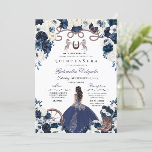 Navy Blue Western Charra Girl Ranchero Quinceanera Invitation