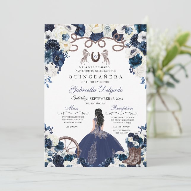 Navy Blue Western Charra Girl Ranchero Quinceanera Invitation (Standing Front)