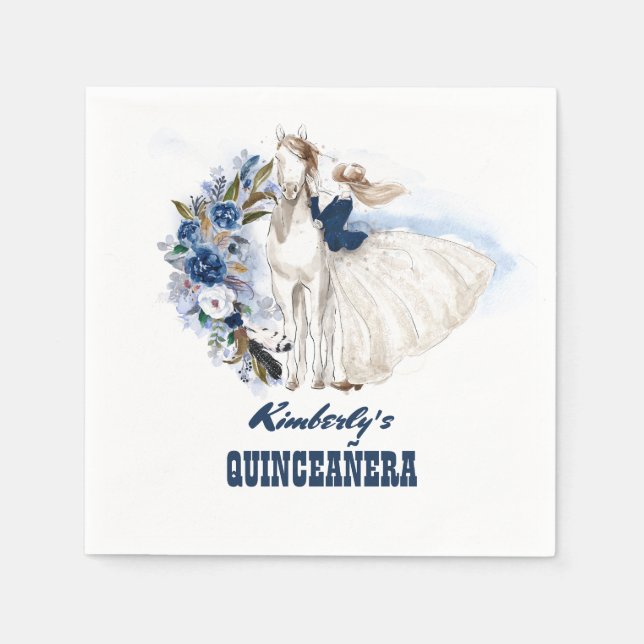 Navy Blue Western Cowgirl and Horse Quinceanera Napkins (Front)