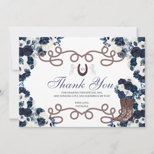 Navy Blue Western Horse Quinceanera Thank You Card