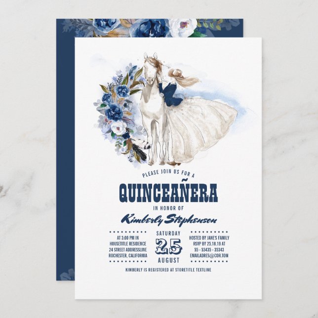 Navy Blue Western Quinceañera - 15th Birthday Invitation (Front/Back)