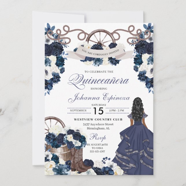 Navy Blue Western Ranchero Quinceanera Invitation (Front)