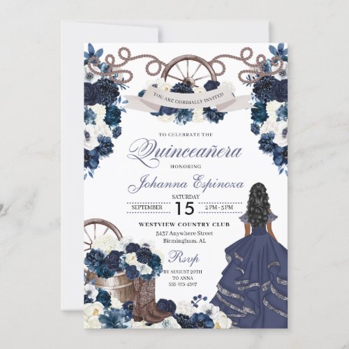 Navy Blue Western Ranchero Quinceanera Invitation