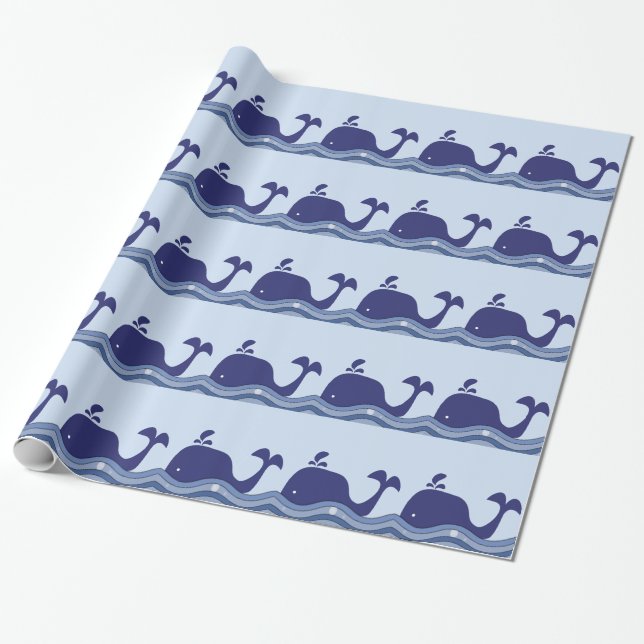 Navy Blue Whale Baby Shower Wrapping Paper (Unrolled)