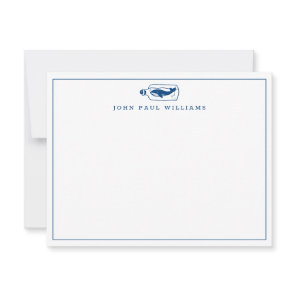 Navy Blue Whale Fish Bottle Nautical Ocean Border Note Card