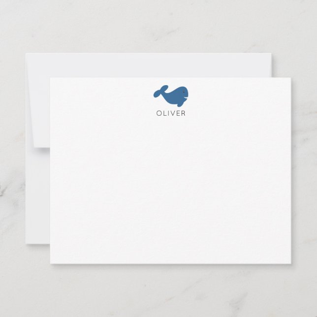 Navy Blue Whale Kids Personalized Stationery Flat Note Card (Front)