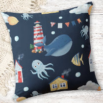 Navy Blue Whale Nautical Throw Pillow