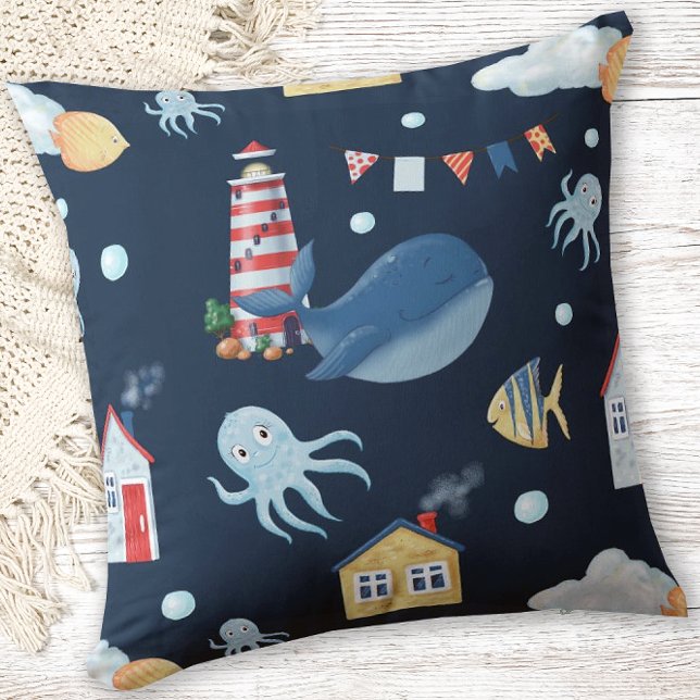 Navy Blue Whale Nautical Throw Pillow (Creator Uploaded)