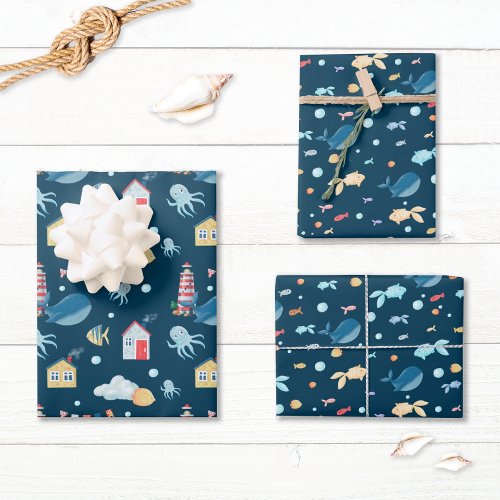 Navy Blue Whale Nautical Wrapping Paper Sheets