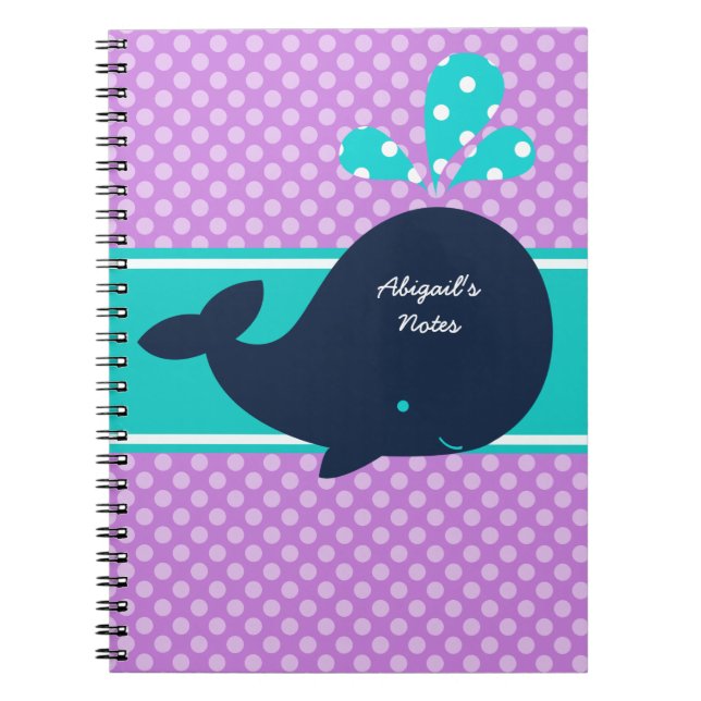 Navy Blue Whale on Dots Personalized Notebook (Front)