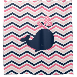 Navy Blue Whale on Pink, Navy Chevron Stripes Shower Curtain