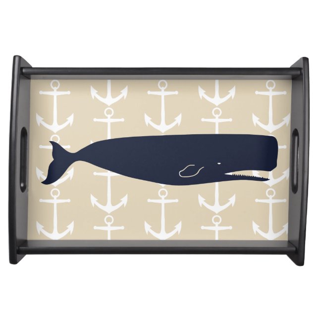 Navy Blue Whale & White Anchors Nautical Serving Tray (Front)