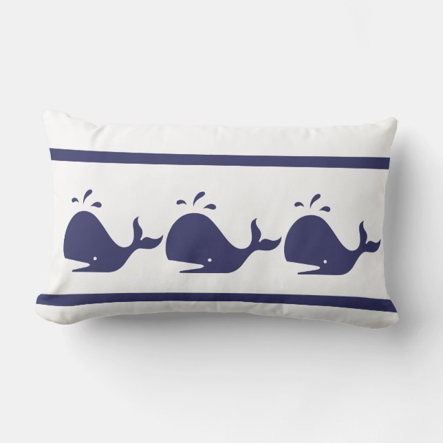 Navy Blue Whale white coastal living pillow (Front)