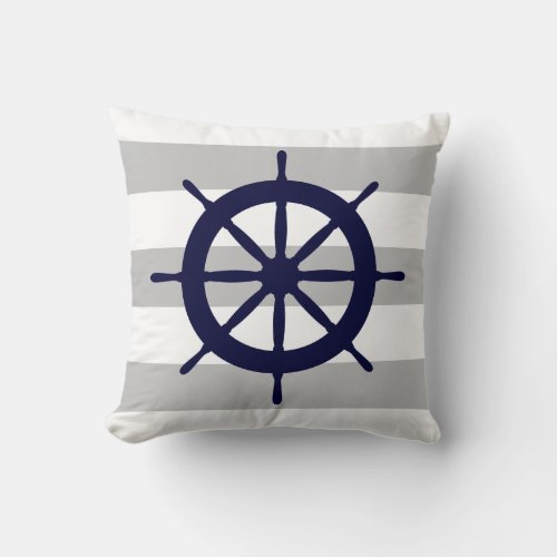 Navy Blue Wheel On Gray And White Stripes Throw Pillow