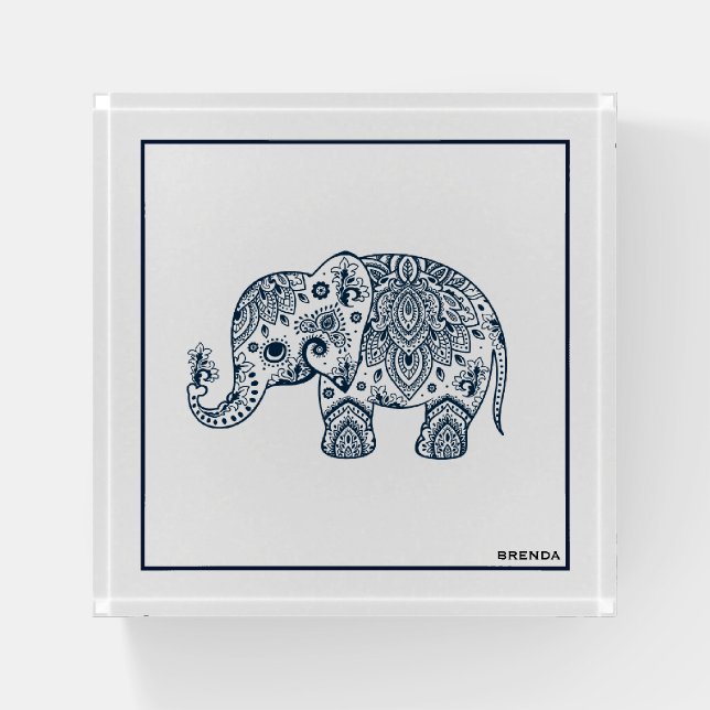Navy blue whimsical paisley elephant paperweight (Front)