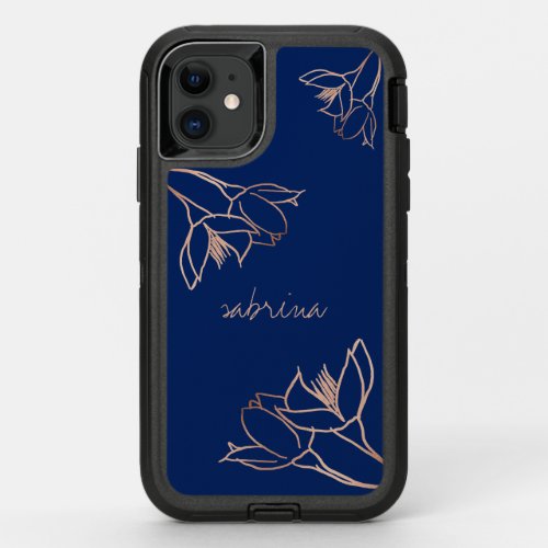 Navy Blue  Whimsical Rose Gold Hand Drawn Flowers OtterBox Defender iPhone 11 Case