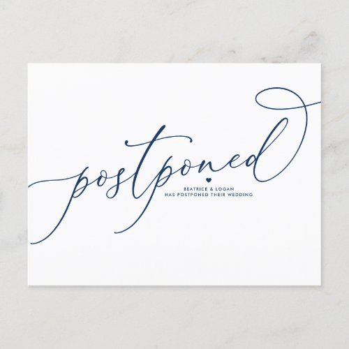 Navy Blue Whimsical Script Postponed Wedding Announcement Postcard