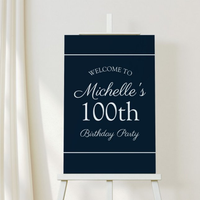 Navy Blue White 100th Birthday Party Welcome Foam Board (Navy blue and white 100th birthday party "Welcome" foam core easel sign)