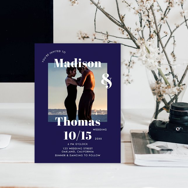 Navy Blue White 1 Photo Bold Minimalist Wedding Invitation (Creator Uploaded)