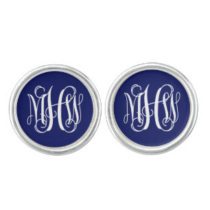 Navy Blue White 3 Initials Vine Monogram Font DIY Cufflinks