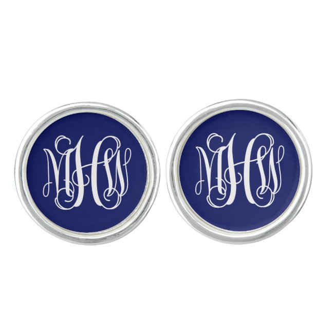 Navy Blue White 3 Initials Vine Monogram Font DIY Cufflinks (Front)