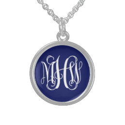 Navy Blue White 3 Initials Vine Monogram Font DIY Sterling Silver Necklace