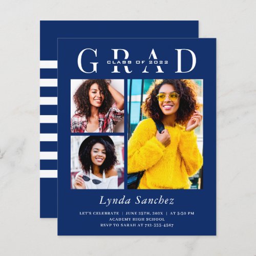 Navy Blue White 3 Photo Graduation Invitations