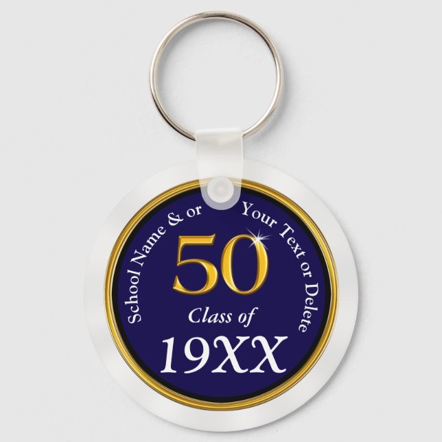 Navy Blue, White 50 Year ClassReunion Souvenirs Keychain (Front)