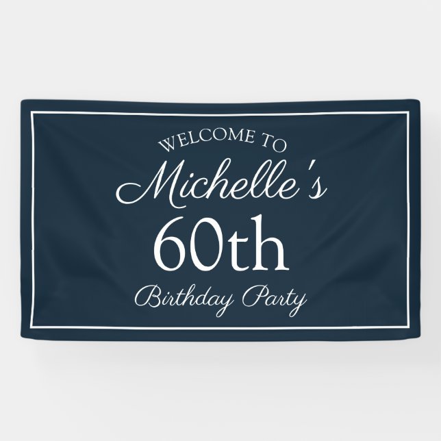 Navy Blue White 60th Birthday Party Banner (Horizontal)
