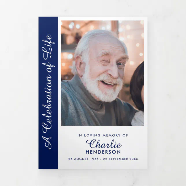 Navy Blue & White 6-Page Trifold Funeral Program | Zazzle