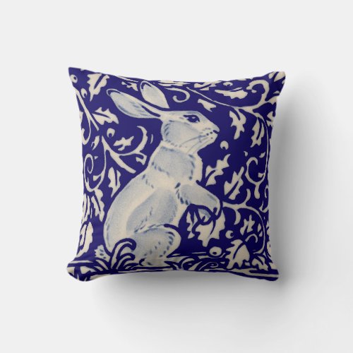 Navy Blue White Alert Rabbit Hare Chinoiserie Art Throw Pillow