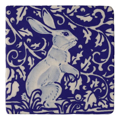 Navy Blue White Alert Rabbit Hare Chinoiserie Art Trivet