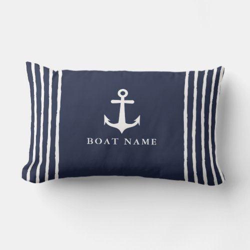 Navy Blue White Anchor Boat Name Nautical Lumbar Pillow