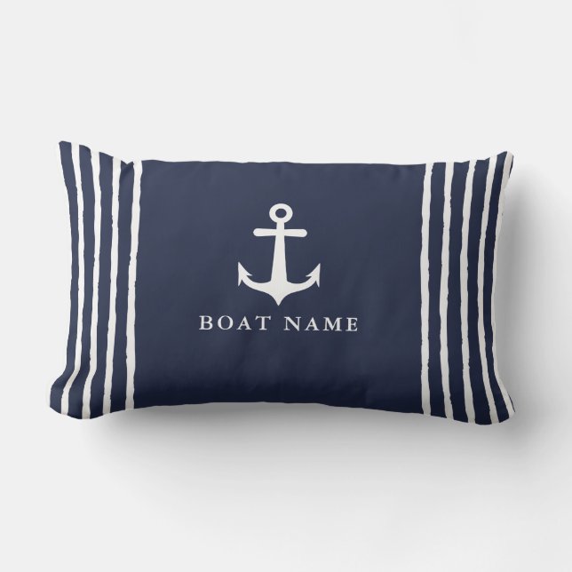 Navy Blue White Anchor Boat Name Nautical Lumbar Pillow (Front)