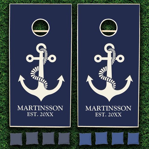 Navy Blue White Anchor Name Date Nautical   Cornhole Set