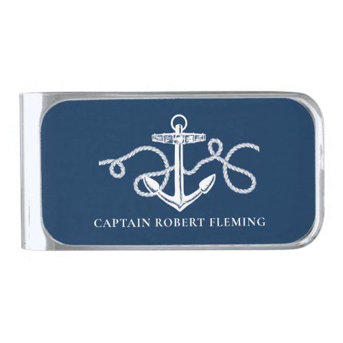 Navy Blue White Anchor Nautical Monogram Silver Finish Money Clip