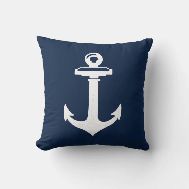 Navy Blue White Anchor Nautical Throw Pillow (Front)