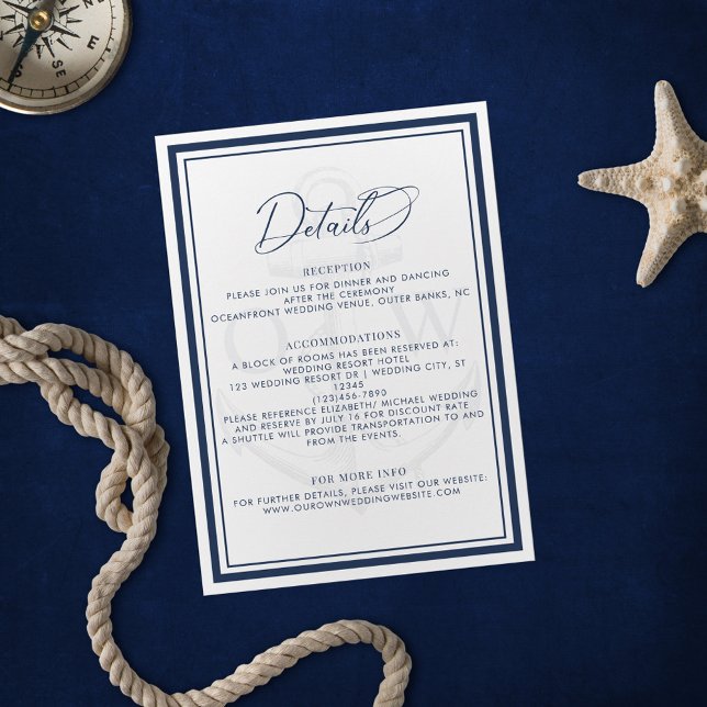 Navy Blue White Anchor Nautical Wedding Details Enclosure Card (Creator Uploaded)