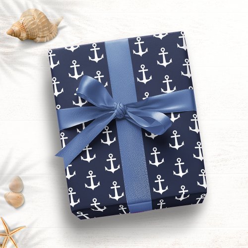 Navy Blue White Anchor Nautical Wrapping Paper