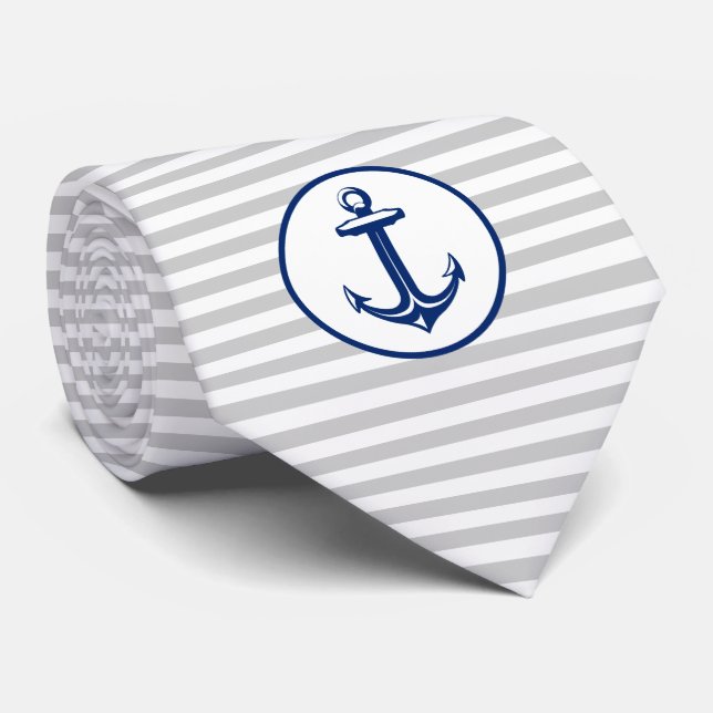 Navy Blue White Anchor Tie (Rolled)