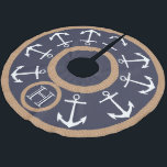 Navy Blue White Anchors and Rope Nautical Monogram Brushed Polyester Tree Skirt<br><div class="desc">Accent your beach themed Christmas tree with this amazing monogram custom tree skirt! It features a deep navy blue background with detailed rope graphic and white anchors motif.</div>