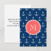Navy Blue White Anchors Pattern, Coral Monogram (Front/Back)