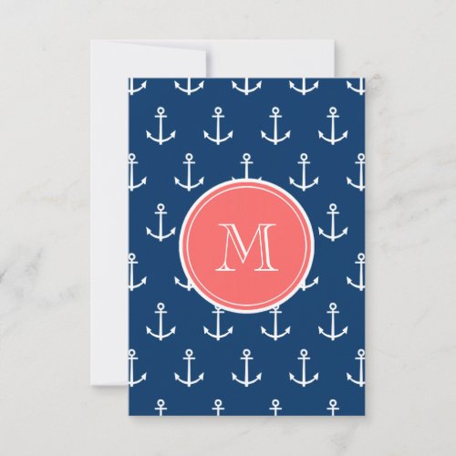 Navy Blue White Anchors Pattern, Coral Monogram Custom Announcements