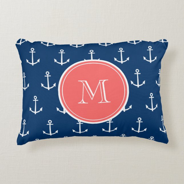 Navy Blue White Anchors Pattern, Coral Monogram 2 Decorative Pillow (Front)