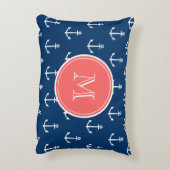 Navy Blue White Anchors Pattern, Coral Monogram 2 Decorative Pillow (Back(Vertical))