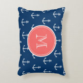 Navy Blue White Anchors Pattern, Coral Monogram 2 Decorative Pillow (Front(Vertical))